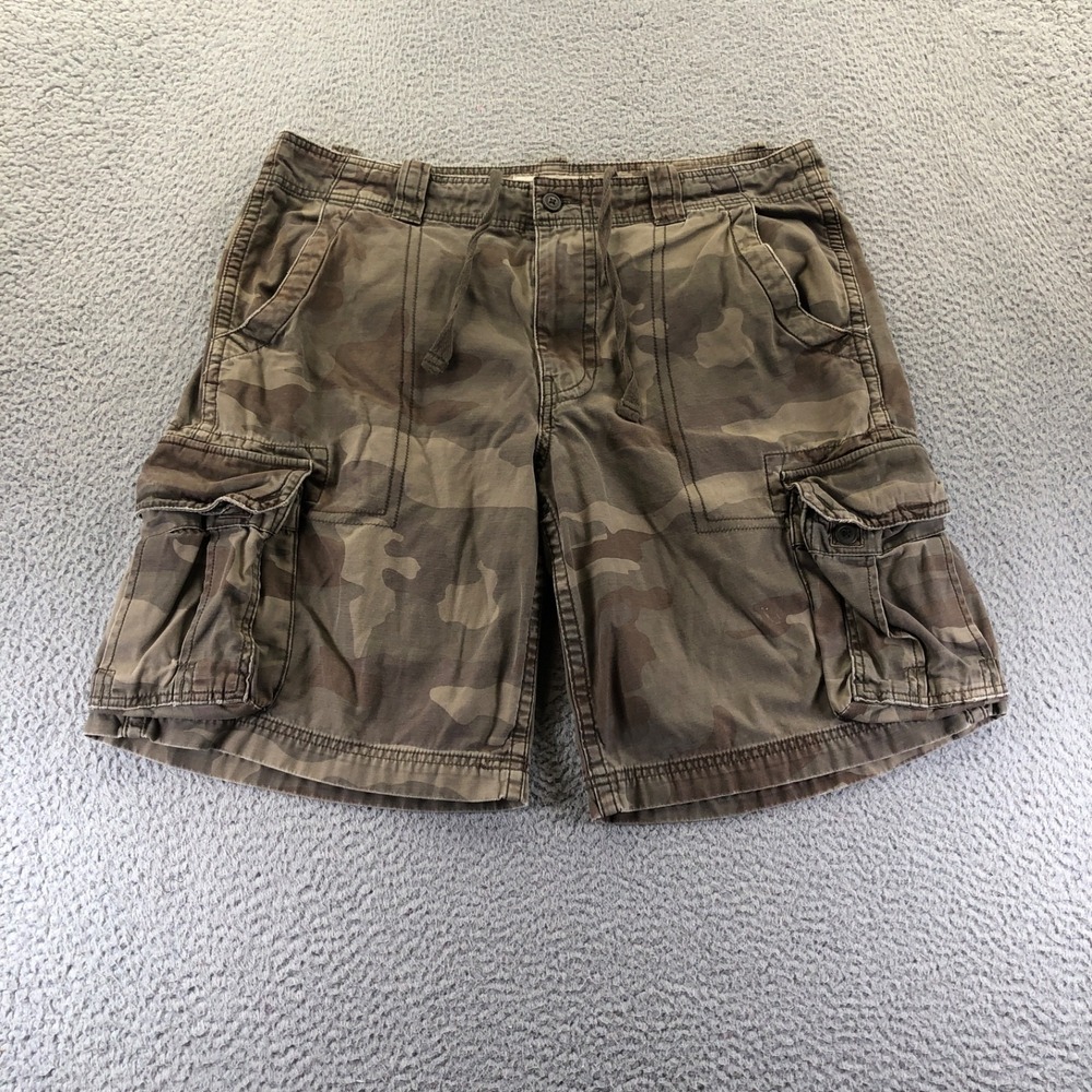 Vintage Mossimo Shorts Mens 38 Green Camo Cargo Supple Distressed Y2K Drawstring